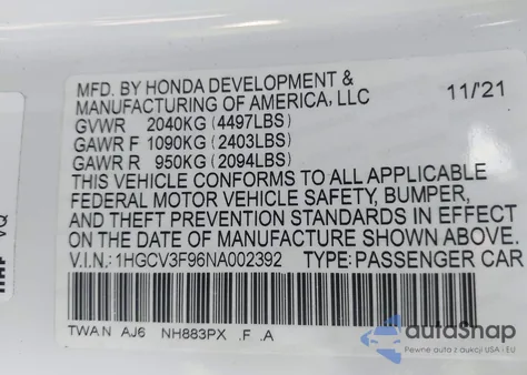 2022 Honda Accord Hybrid Touring from USA, damaged, VIN 1HGCV3F96NA002392